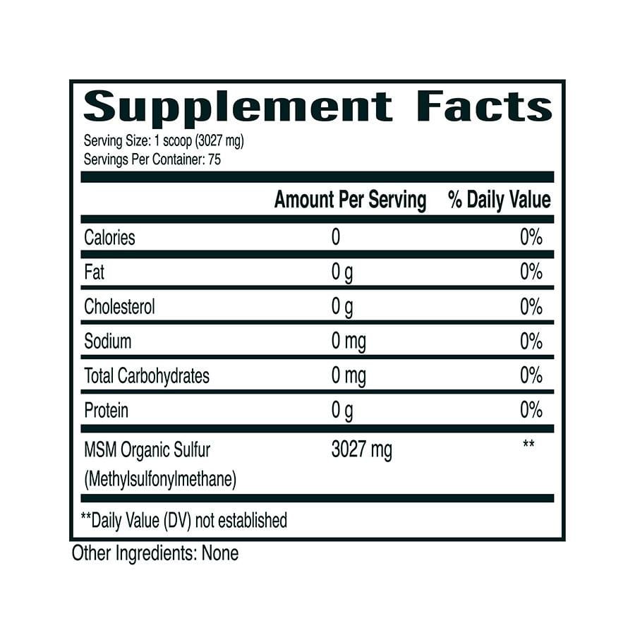 Supplement facts displaying nutritional information for MSM powder from No Boundaries Health and Wellness